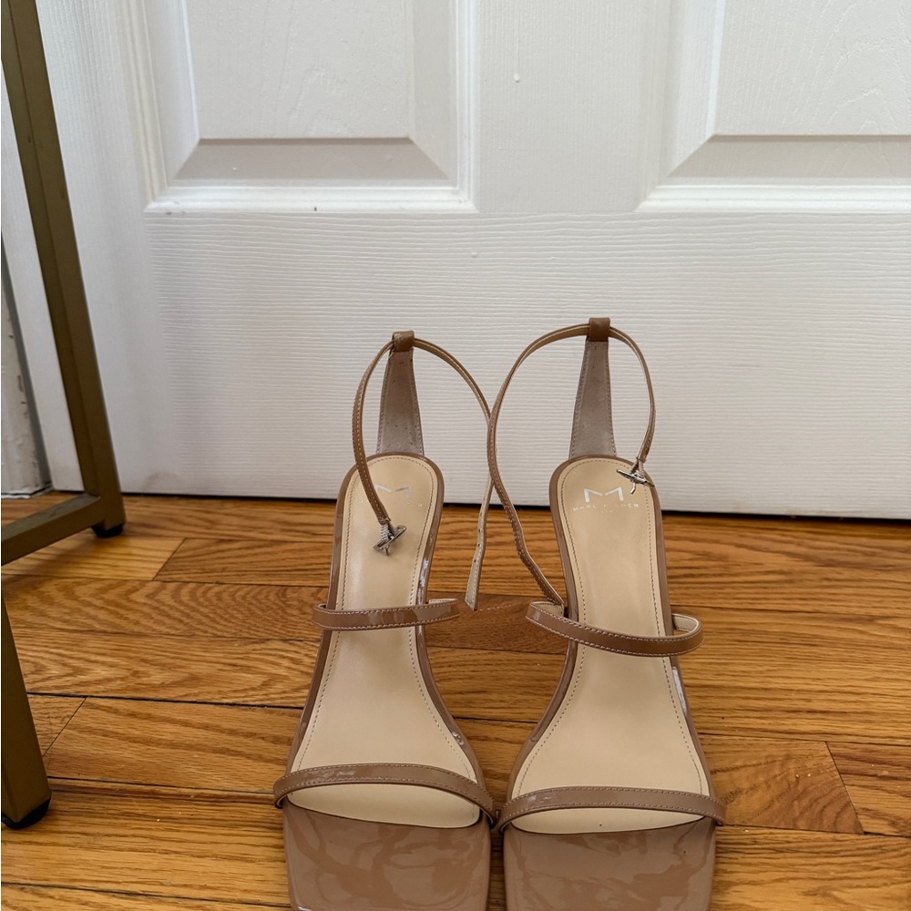 Marc Fisher Tan Patent Platform Sandals with Ankle Strap